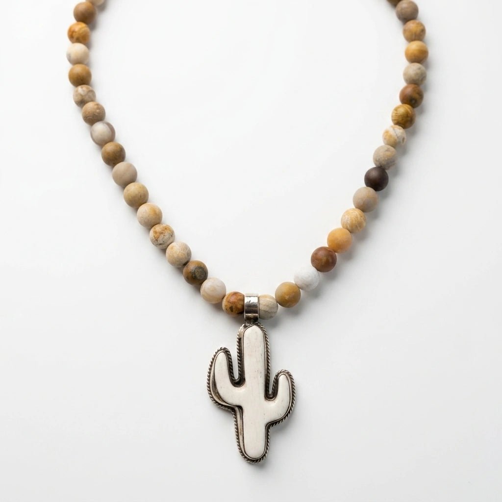 Fossil Coral Beaded Necklace with Carved Cactus Pendant by Desert Gypsy - Desert Gypsy