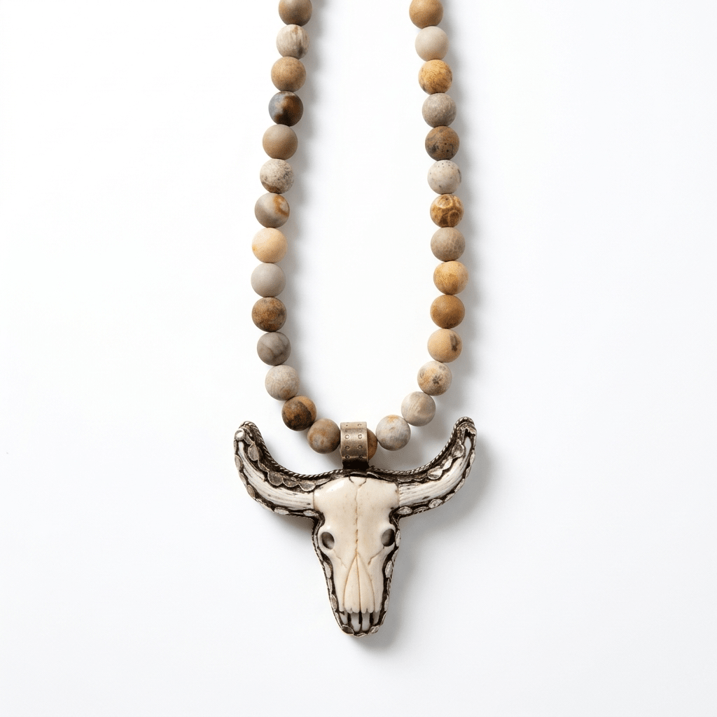 Fossil Coral Beaded Necklace with Hand-Carved Longhorn Pendant - Desert Gypsy