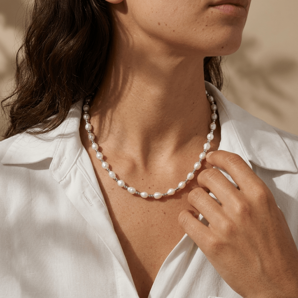 Freshwater Pearl Beaded Necklace with Silver Accents by Desert Gypsy - Desert Gypsy