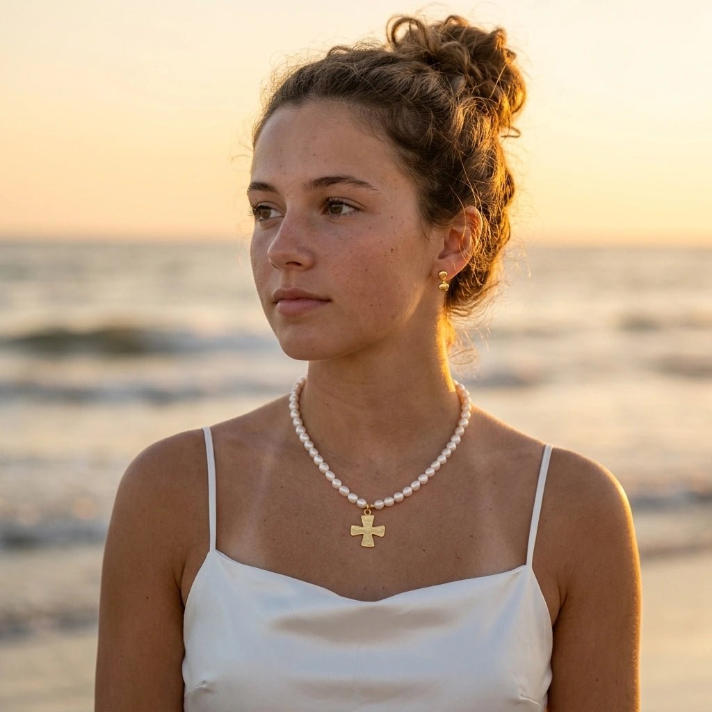Freshwater Pearl Necklace with Gold Hammered Cross Pendant by Desert Gypsy - Desert Gypsy