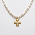 Freshwater Pearl Necklace with Gold Hammered Cross Pendant by Desert Gypsy - Desert Gypsy