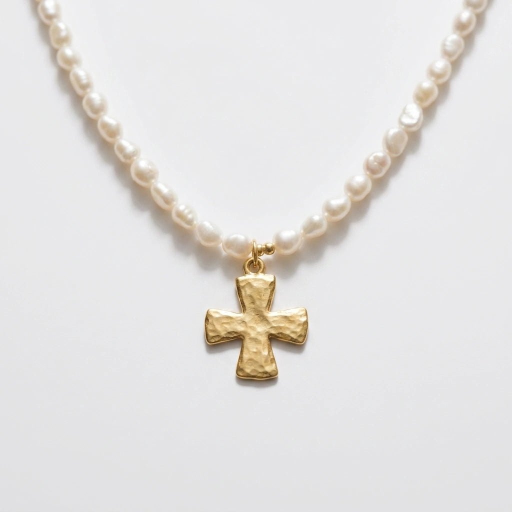 Freshwater Pearl Necklace with Gold Hammered Cross Pendant by Desert Gypsy - Desert Gypsy