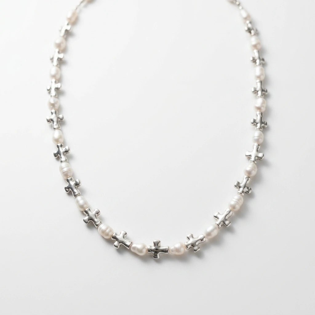 Freshwater Pearl Necklace with Silver Cross Accents by Desert Gypsy - Desert Gypsy