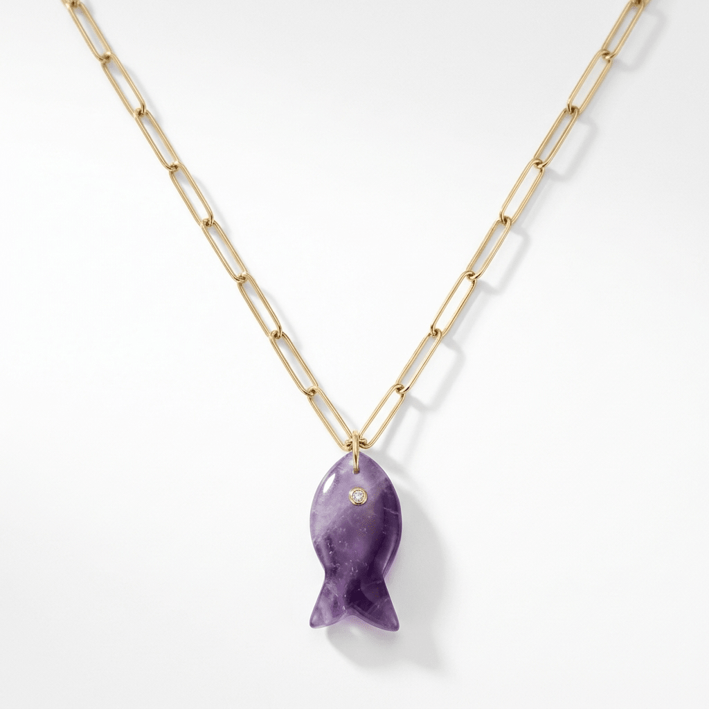 Gemstone Fish Pendant Necklace on Paperclip Chain - Desert Gypsy