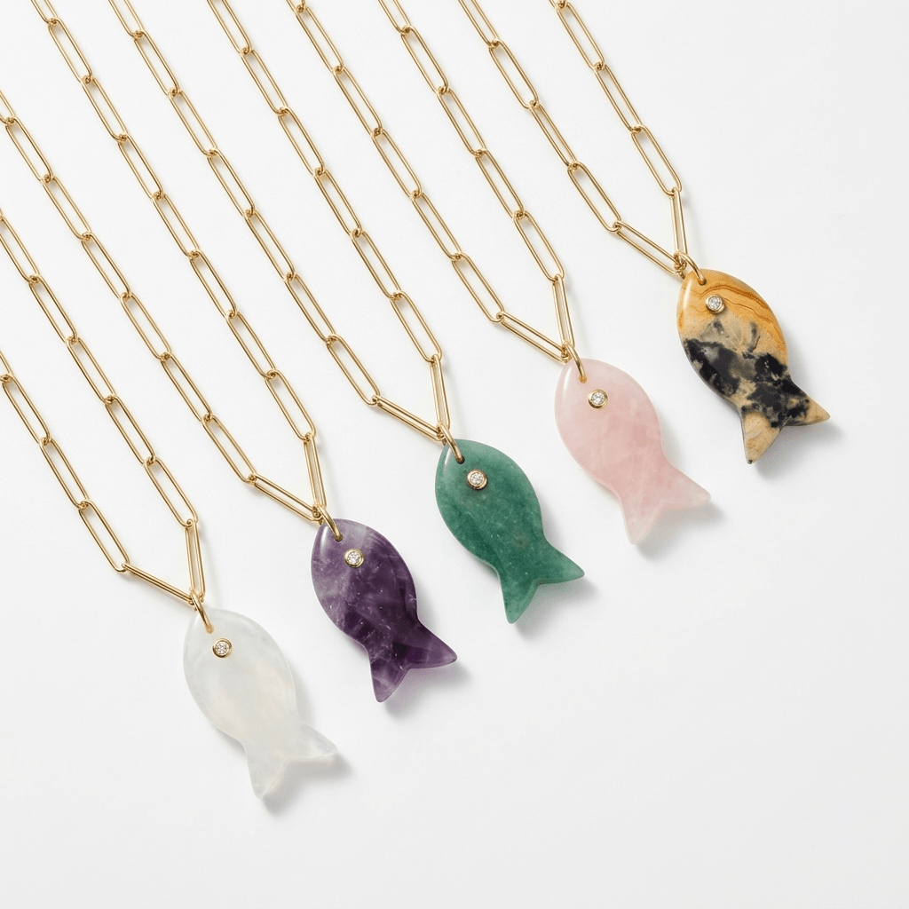 Gemstone Fish Pendant Necklace on Paperclip Chain - Desert Gypsy