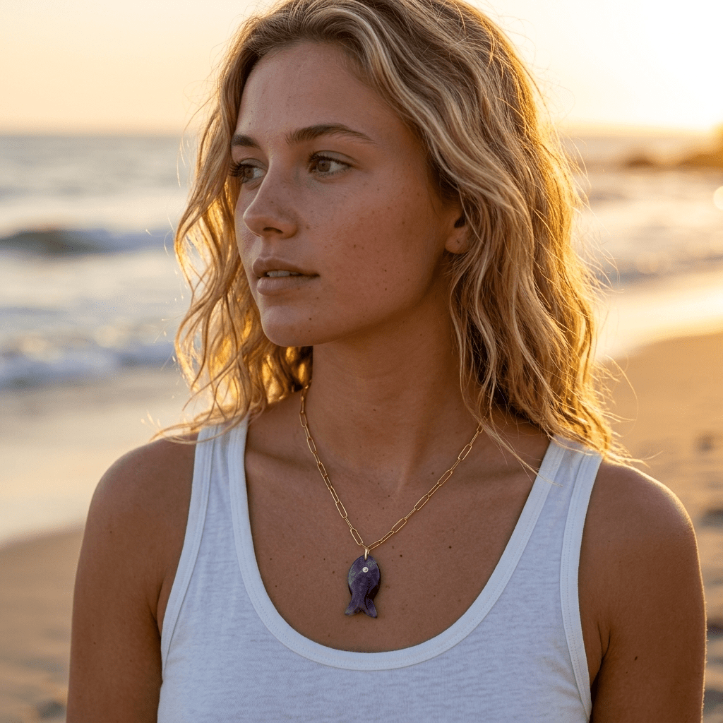 Gemstone Fish Pendant Necklace on Paperclip Chain - Desert Gypsy