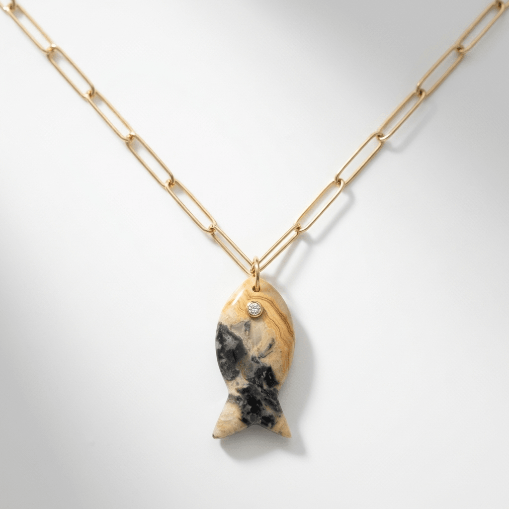 Gemstone Fish Pendant Necklace on Paperclip Chain - Desert Gypsy