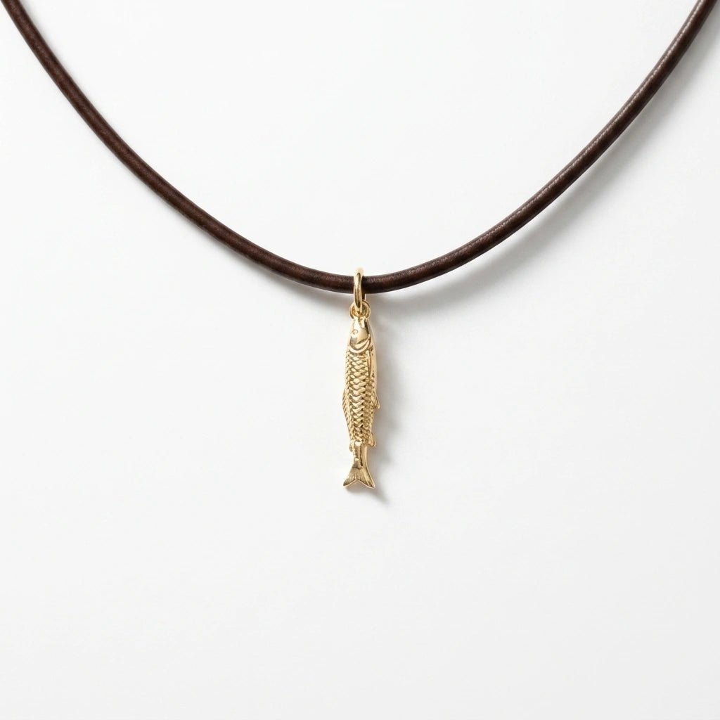 Gold Filled Sardine Pendant Necklace on Leather Cord by Desert Gypsy - Desert Gypsy