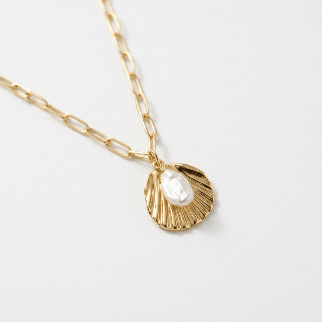 Gold Filled Shell & Pearl Pendant Necklace with Paperclip Chain by Desert Gypsy - Desert Gypsy