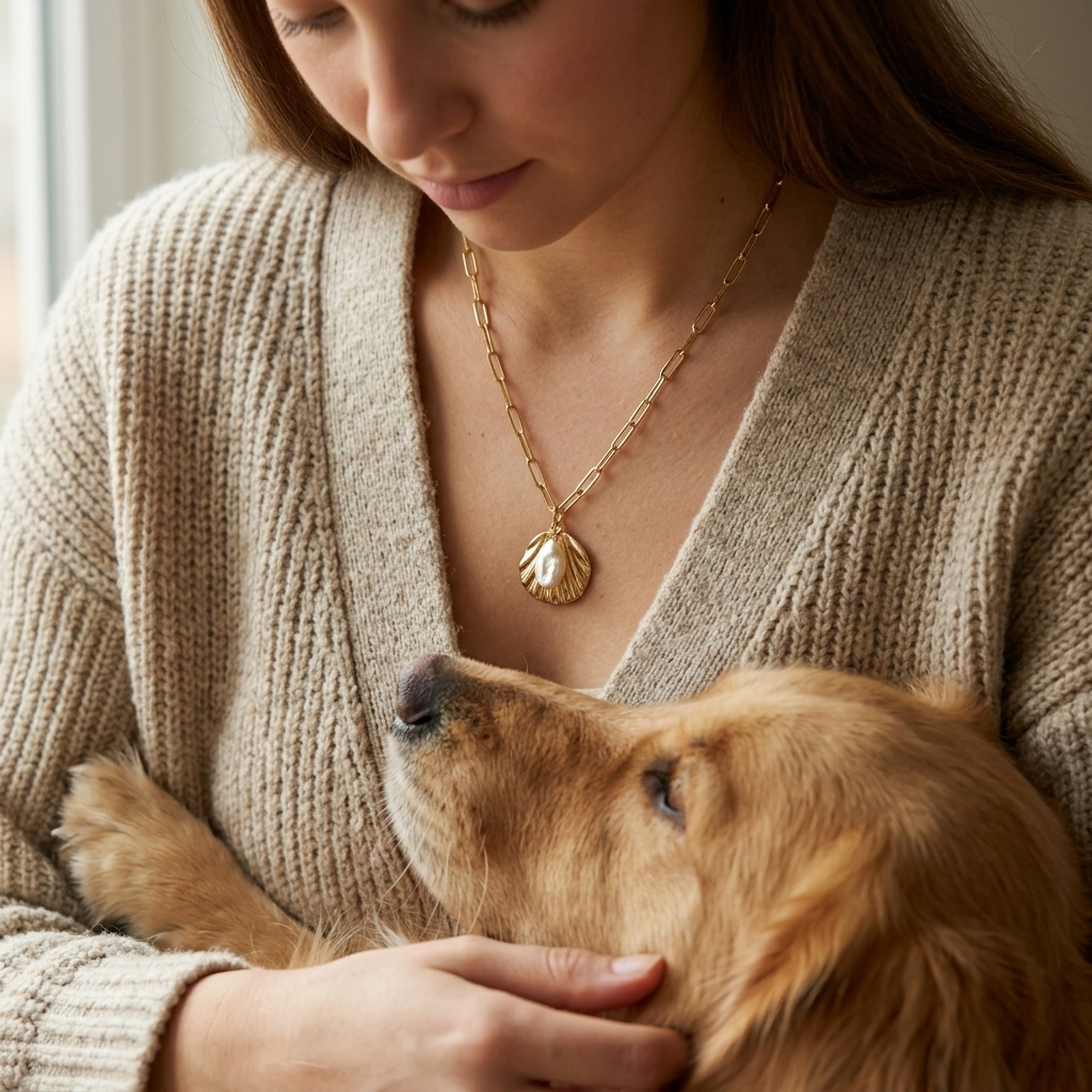 Woman in a beige sweater with a gold necklace petting a dog.