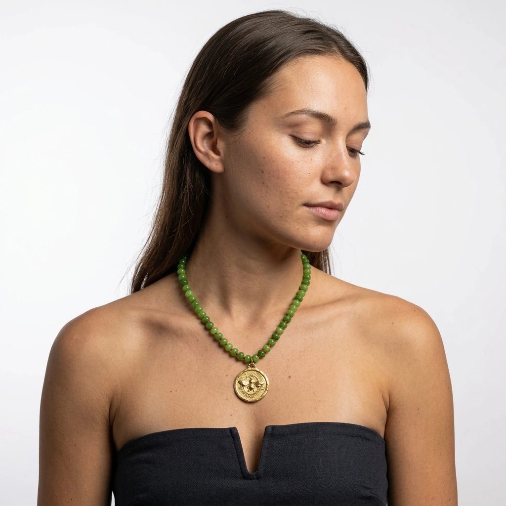 Green Jade Beaded Necklace with Gold Plated Bee Pendant by Desert Gypsy - Desert Gypsy
