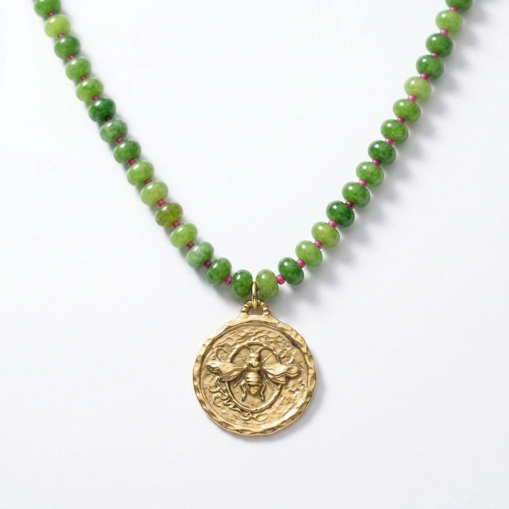 Green Jade Beaded Necklace with Gold Plated Bee Pendant by Desert Gypsy - Desert Gypsy