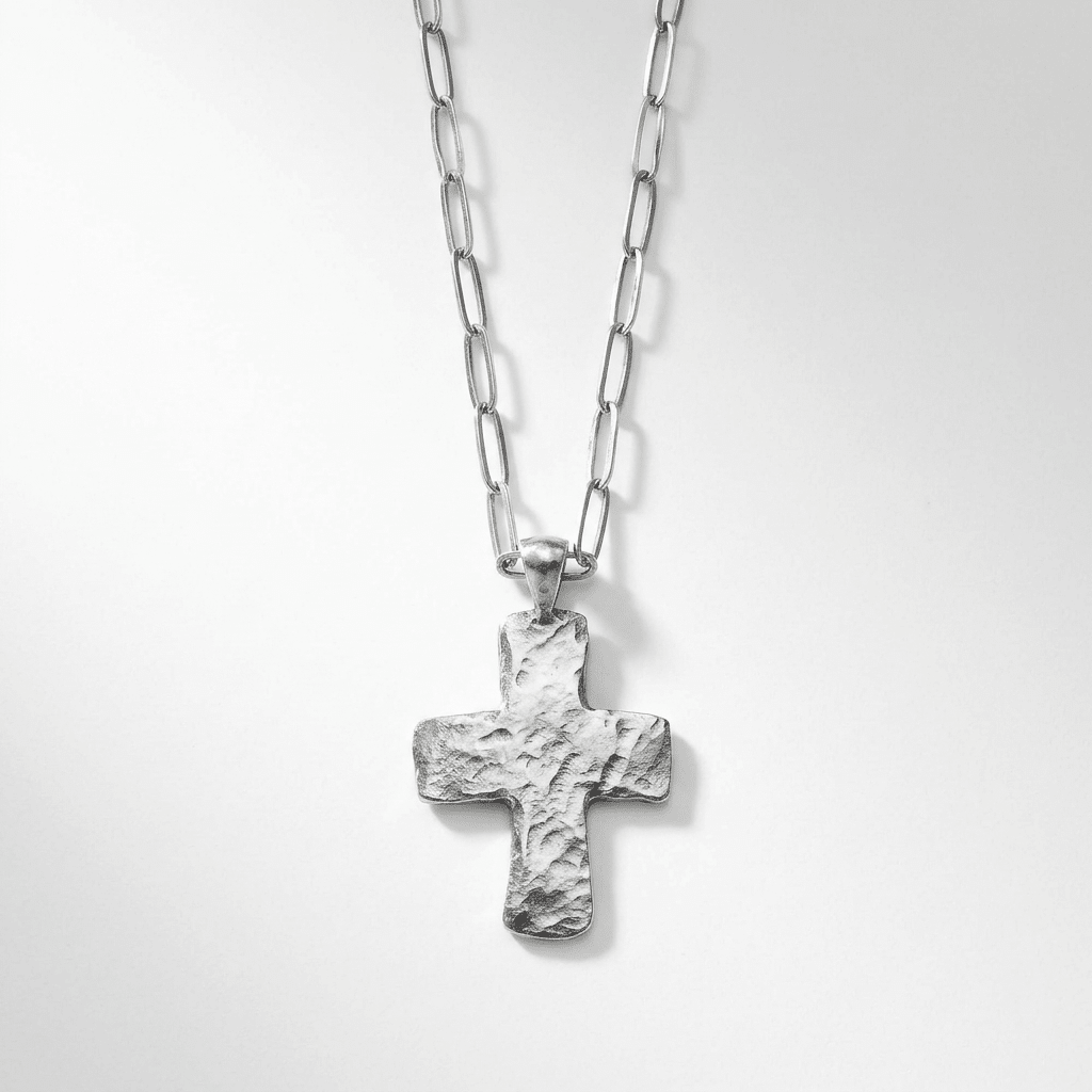 Hammered Cross Pendant Necklace on Paperclip Chain - Desert Gypsy