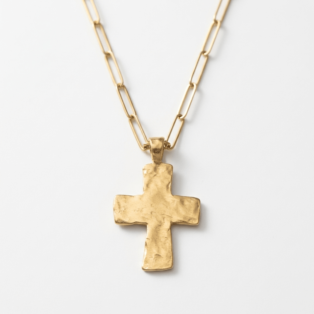 Hammered Cross Pendant Necklace on Paperclip Chain - Desert Gypsy