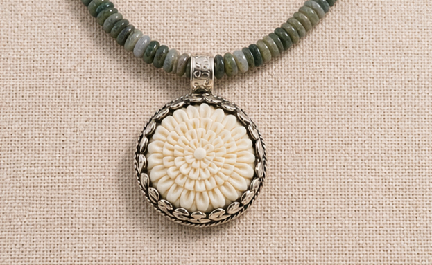 Close-up of agate beads showing natural banding and earthy tones