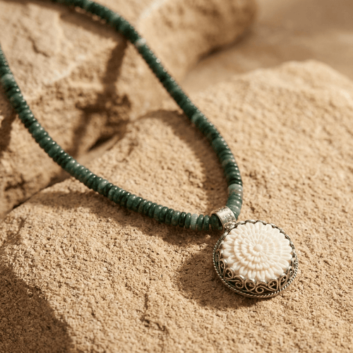 High Desert Agate Necklace – Natural Agate Beads with Hand-Carved Bone Flower Pendant | Handmade Texas Hill Country Jewelry - Desert Gypsy