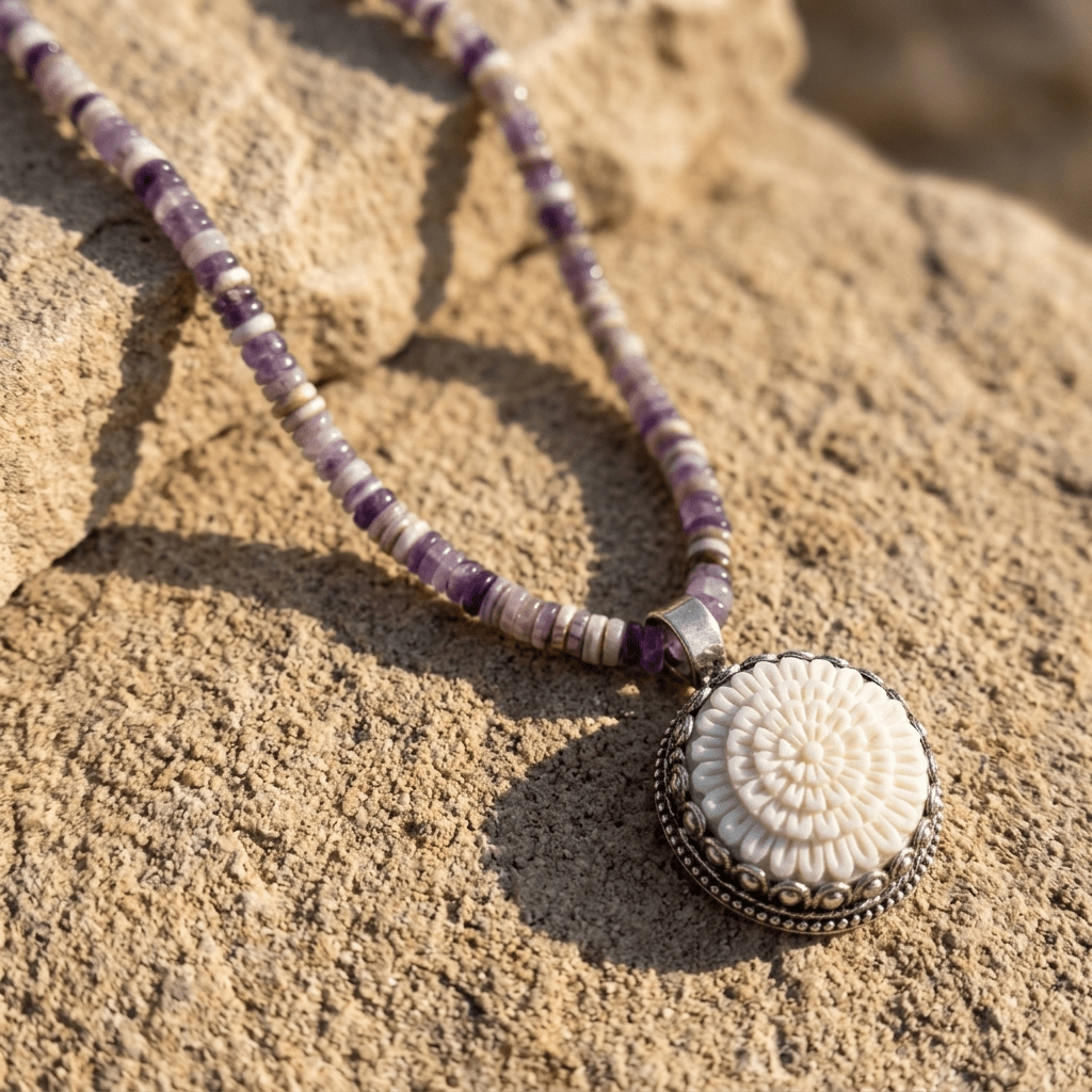High Desert Amethyst Necklace – Amethyst Beads with Hand-Carved Bone Flower Pendant | Handmade Texas Hill Country Jewelry - Desert Gypsy
