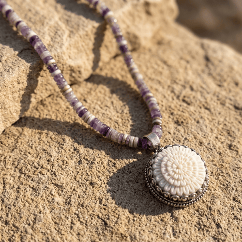 Amethyst Necklace – Amethyst Beads with Hand-Carved Bone Flower Pendant | Handmade Texas Hill Country Jewelry - Desert Gypsy
