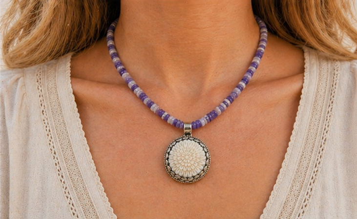 High Desert Amethyst Necklace worn on model showcasing boho western style