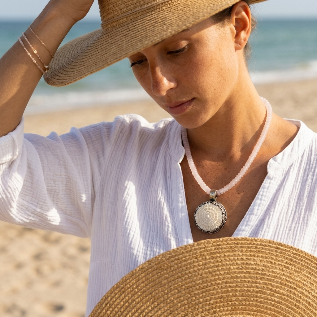 Woman on a beach wearing a straw hat and white shirt with a necklace.