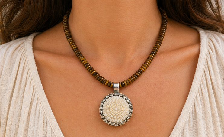 High Desert Tiger’s Eye Necklace worn on model showcasing boho western style