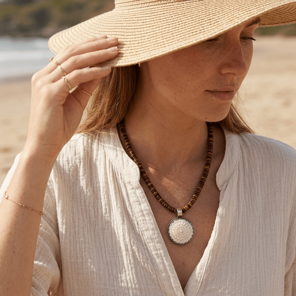 High Desert Tiger’s Eye Necklace – Tiger’s Eye Beads with Hand-Carved Bone Flower Pendant | Handmade Texas Hill Country Jewelry - Desert Gypsy