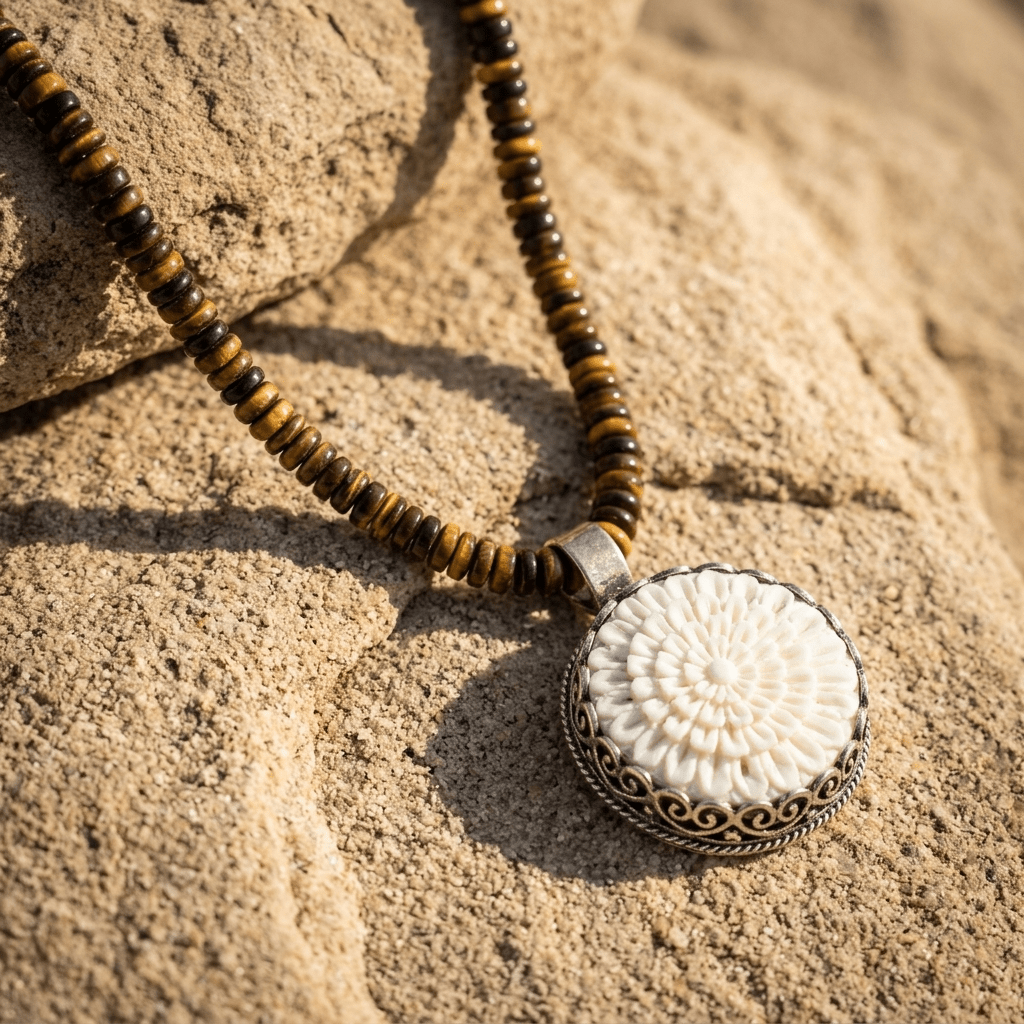 High Desert Tiger’s Eye Necklace – Tiger’s Eye Beads with Hand-Carved Bone Flower Pendant | Handmade Texas Hill Country Jewelry - Desert Gypsy