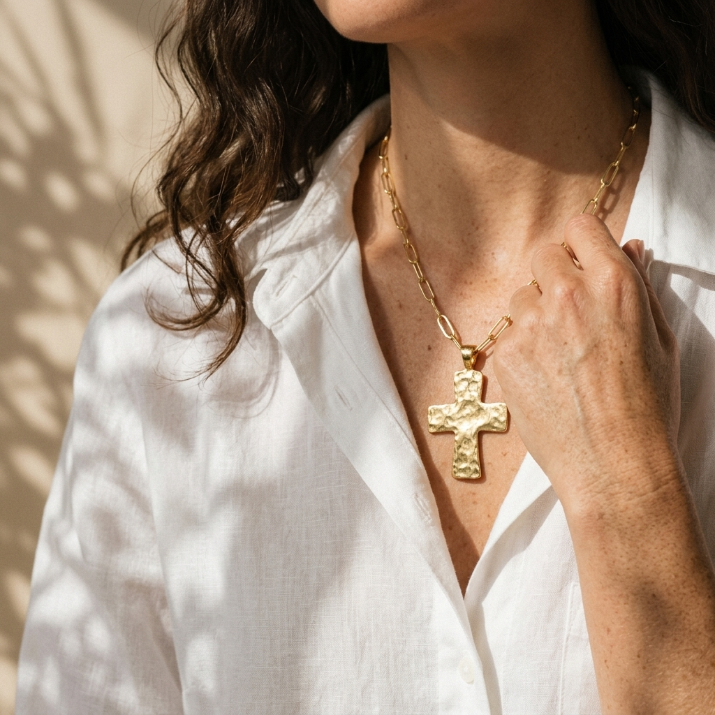 High Plains Cross Necklace worn layered with artisan jewelry gold