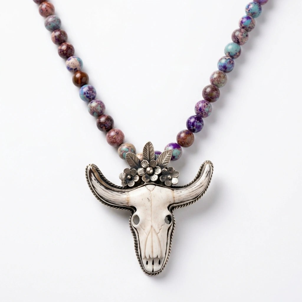 Longhorn Necklace with Purple Jasper Beaded Necklace - Desert Gypsy