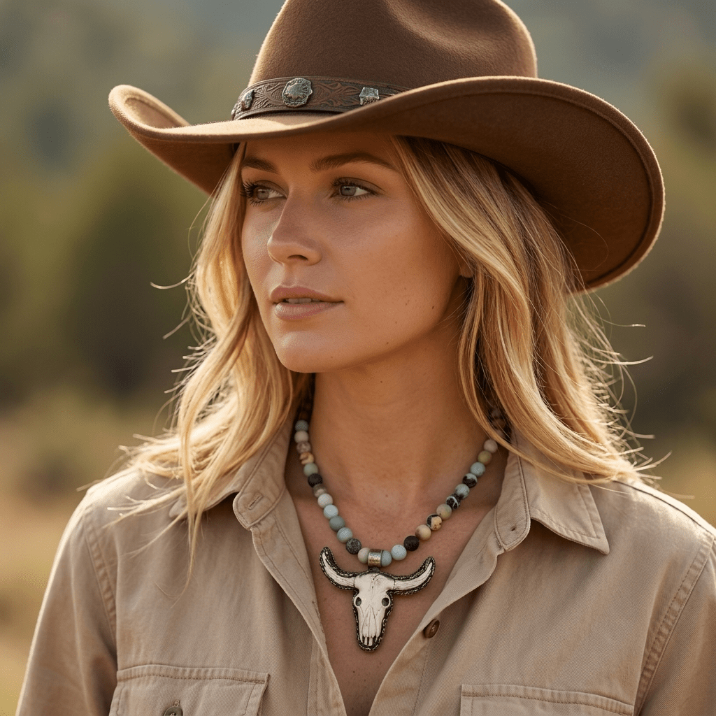 Matte Amazonite Beaded Necklace with Hand-Carved Longhorn Pendant - Desert Gypsy