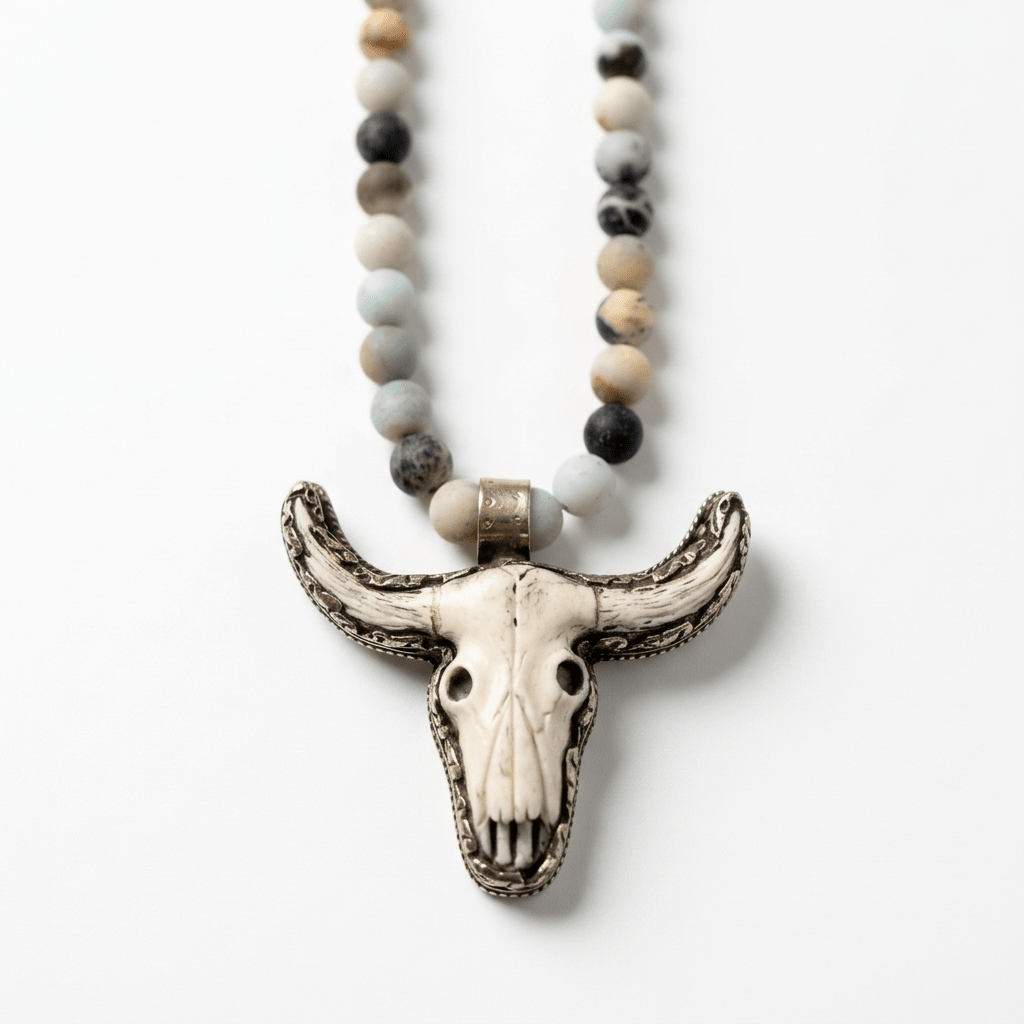 Matte Amazonite Beaded Necklace with Hand-Carved Longhorn Pendant - Desert Gypsy