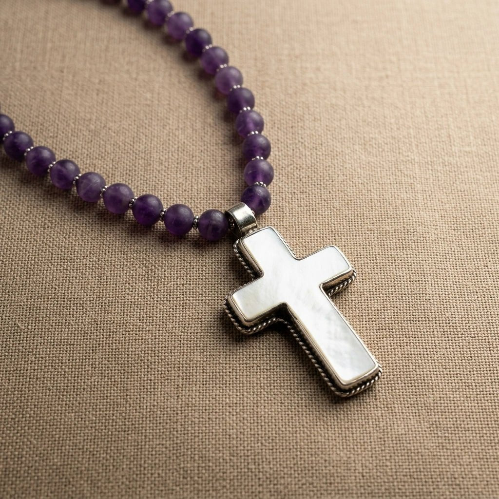 Mesa Amethyst Necklace – Amethyst Beads with Hand-Carved Bone Cross Pendant | Handmade Texas Hill Country Jewelry - Desert Gypsy