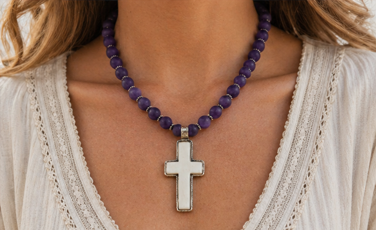Mesa Amethyst Necklace worn on model showcasing western boho style