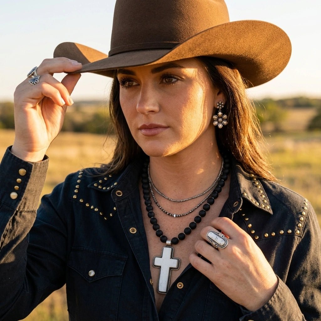Mesa Noire Necklace – Black Onyx Beads with Hand-Carved Cross Pendant | Handmade Texas Hill Country Jewelry - Desert Gypsy