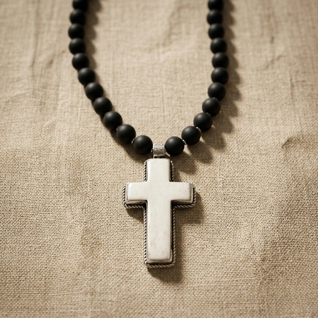 Mesa Noire Necklace – Black Onyx Beads with Hand-Carved Cross Pendant | Handmade Texas Hill Country Jewelry - Desert Gypsy