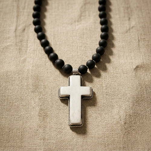 Mesa Noire Necklace – Black Onyx Beads with Hand-Carved Cross Pendant | Handmade Texas Hill Country Jewelry - Desert Gypsy