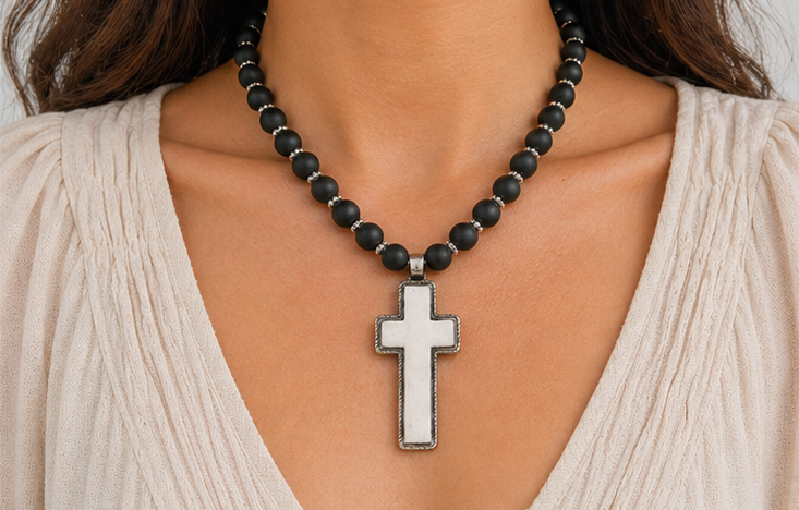 Mesa Noire Necklace worn on model showcasing boho western minimalist style