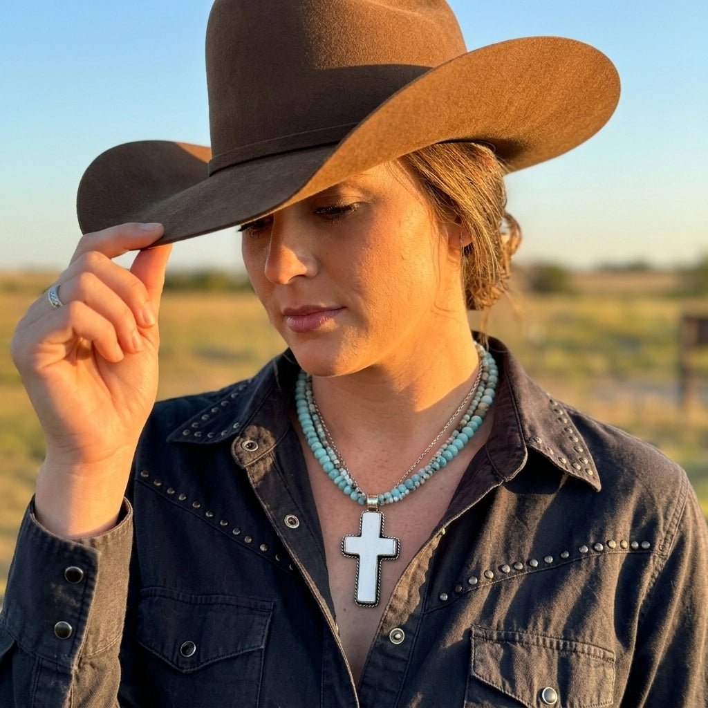 Mesa Ocean Multi-Strand Necklace – Amazonite & Larimar Beads with Hand-Carved Bone Cross Pendant | Handmade Texas Hill Country Jewelry - Desert Gypsy