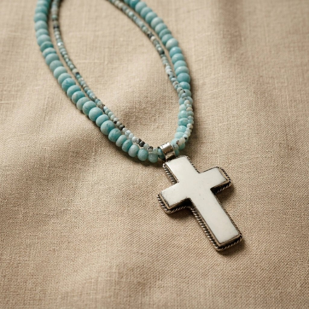 Mesa Ocean Multi-Strand Necklace – Amazonite & Larimar Beads with Hand-Carved Bone Cross Pendant | Handmade Texas Hill Country Jewelry - Desert Gypsy