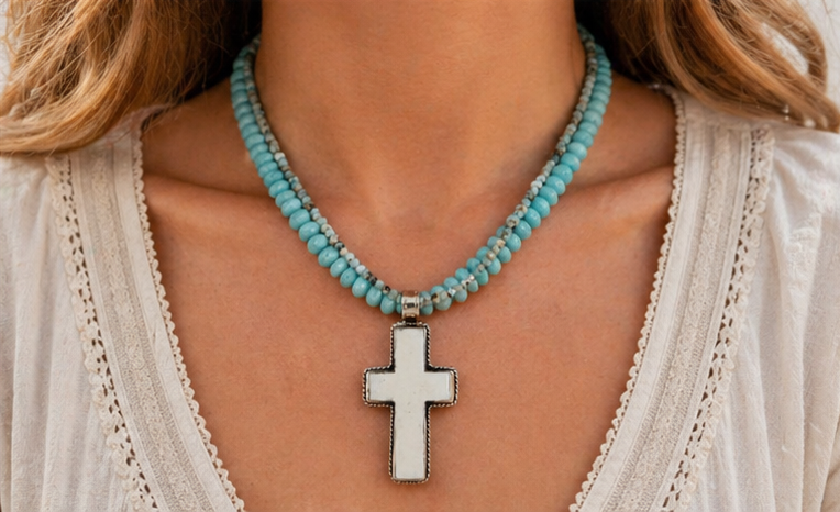 Mesa Ocean Multi-Strand Necklace worn on model showcasing boho western coastal style
