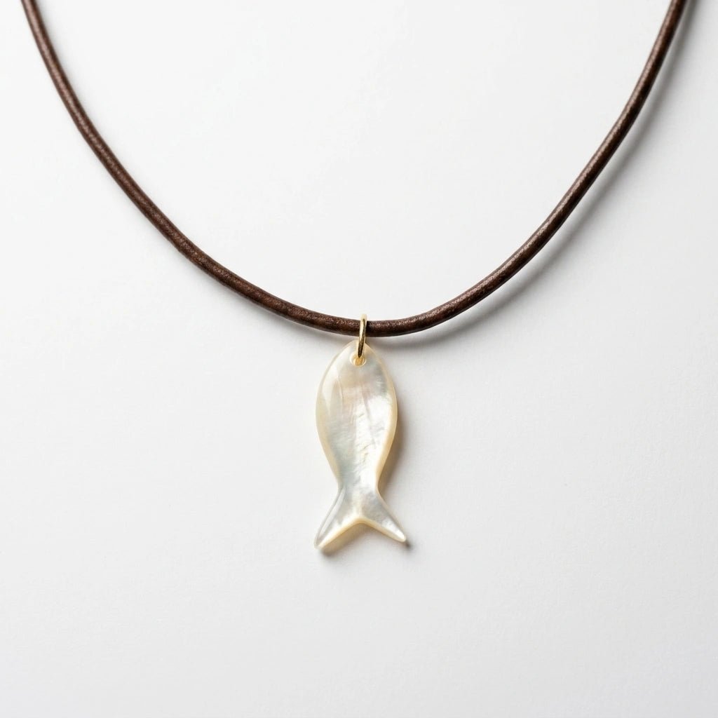Mother of Pearl Fish Pendant Necklace on Adjustable Leather Cord by Desert Gypsy - Desert Gypsy