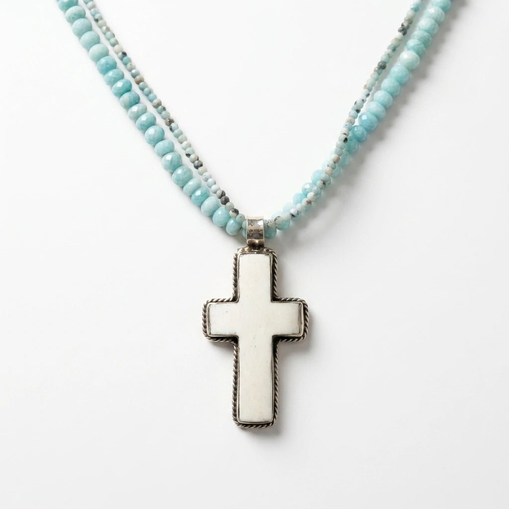 Multi-Strand Gemstone Beaded Necklace – Amazonite & Larimar Beads with Carved Cross Pendant by Desert Gypsy - Desert Gypsy