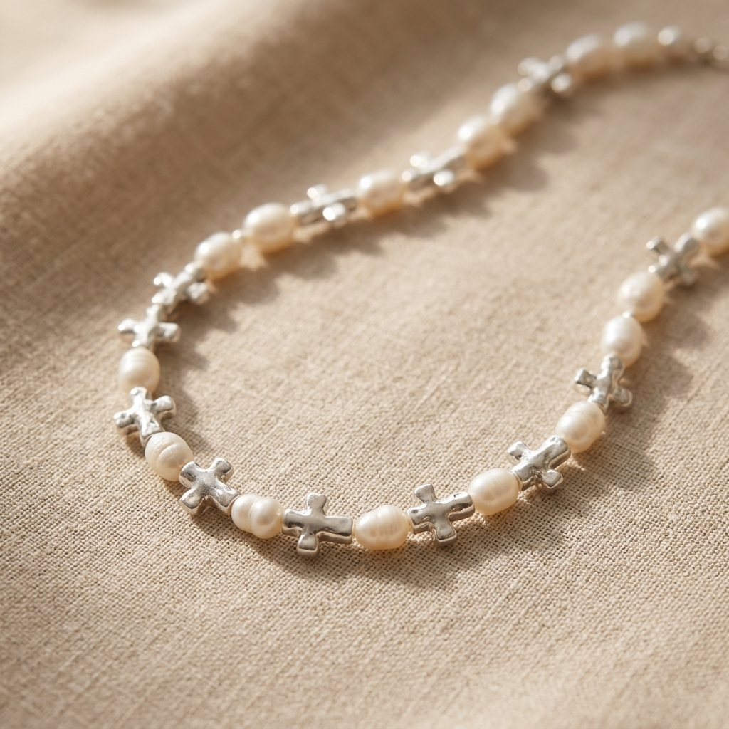 Freshwater pearl necklace with silver cross accents