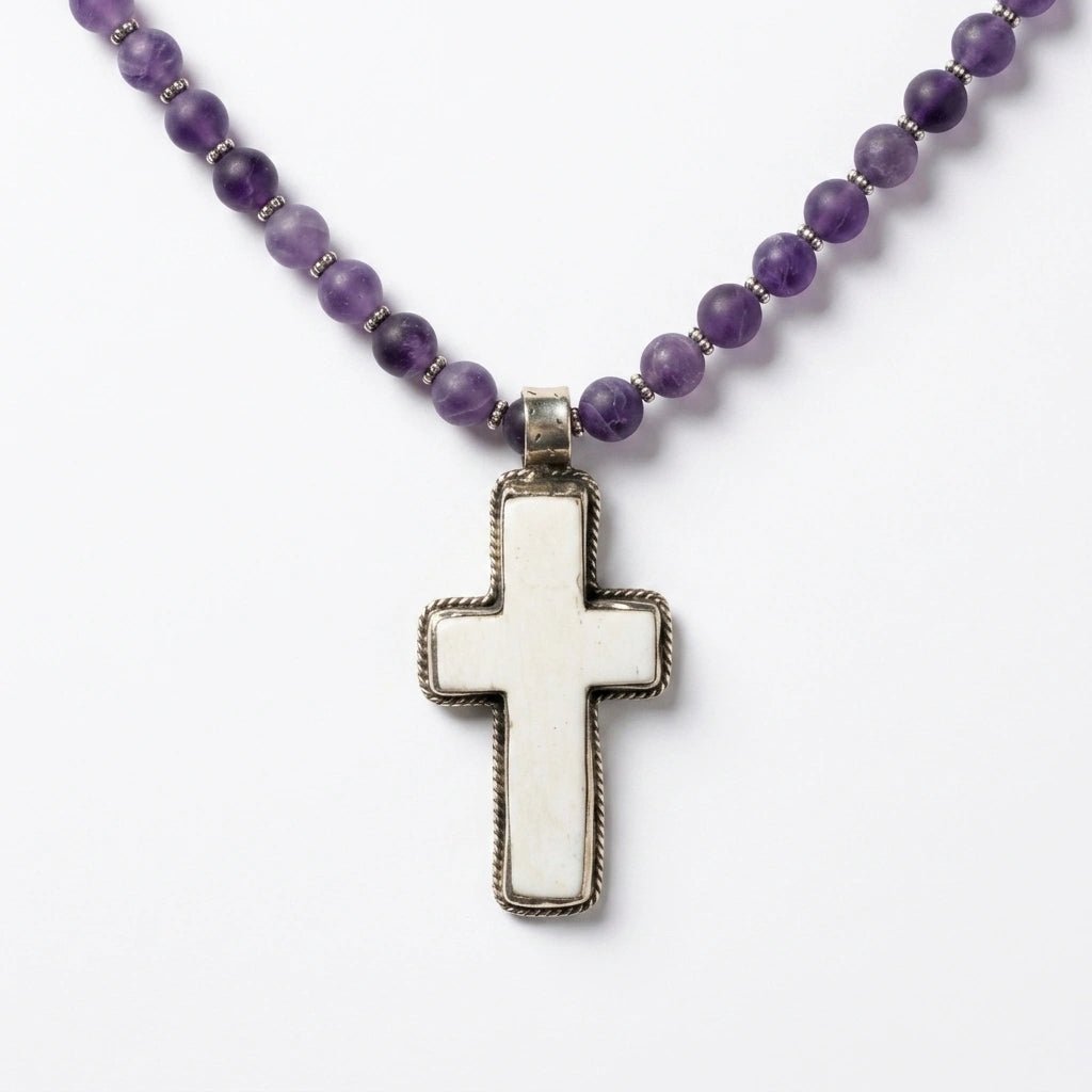 Purple Amethyst Beaded Necklace with Carved Cross Pendant by Desert Gypsy - Desert Gypsy