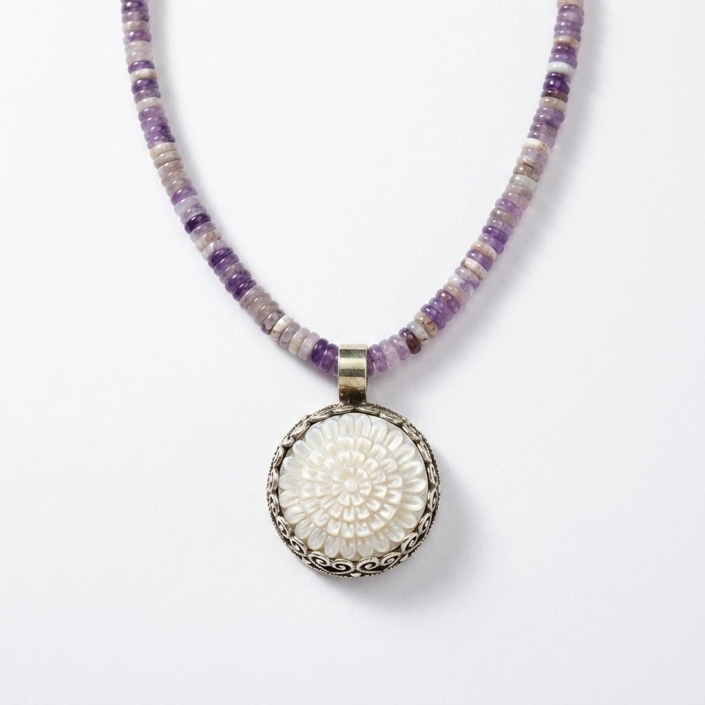 Purple Amethyst Beaded Necklace with Carved Flower Pendant by Desert Gypsy - Desert Gypsy