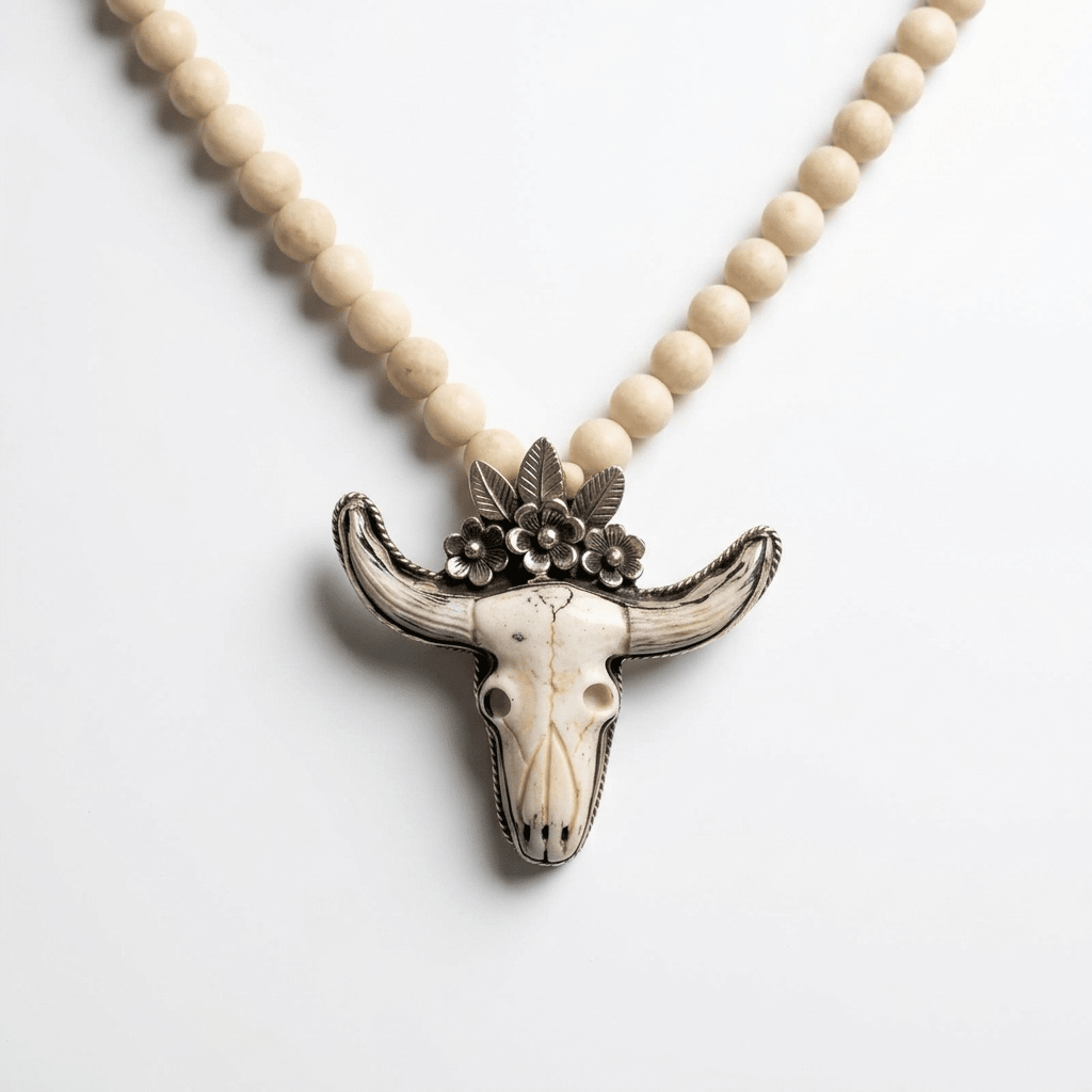 River Stone Beaded Necklace with Carved Longhorn Pendant by Desert Gypsy - Desert Gypsy