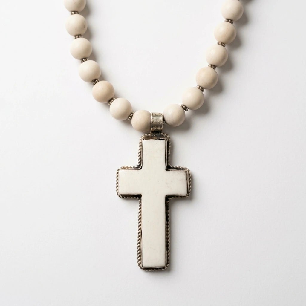 River Stone Beaded Necklace with Cross Pendant by Desert Gypsy - Desert Gypsy