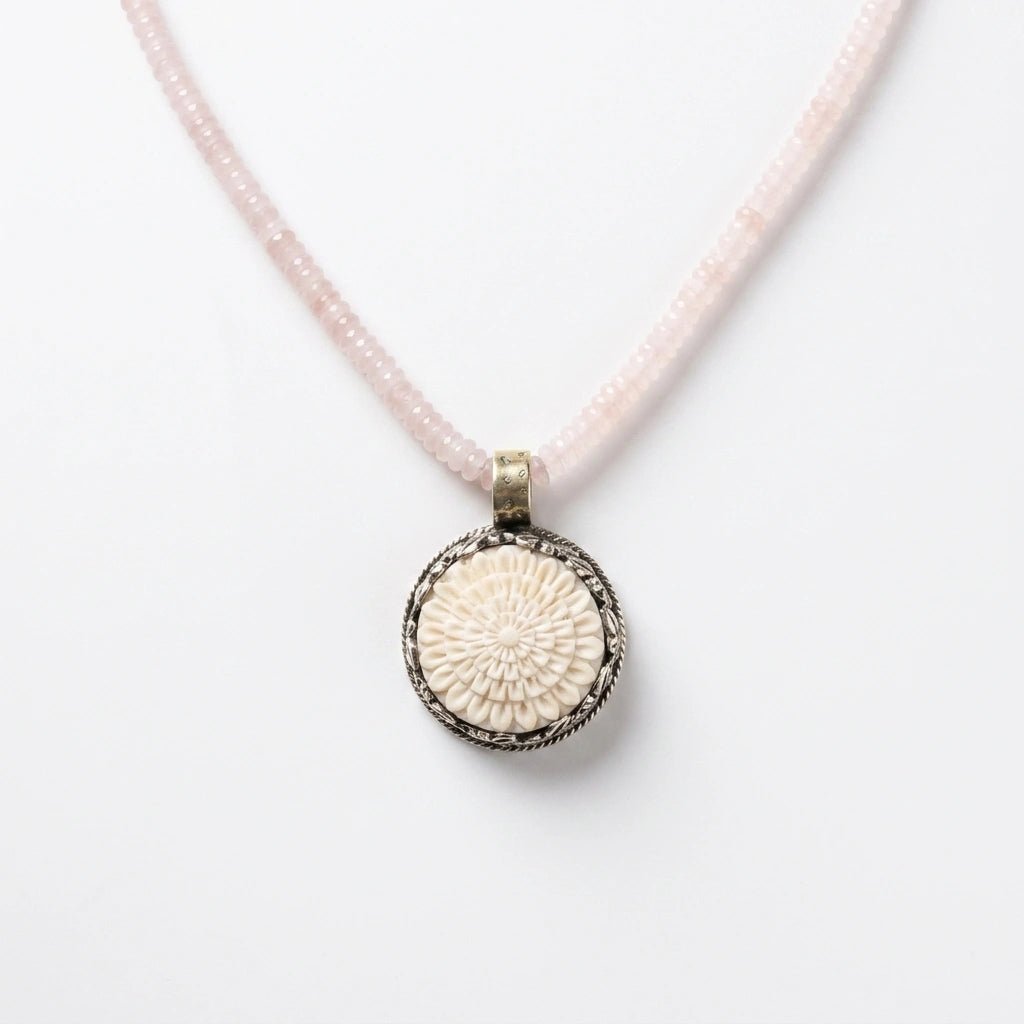 Rose Quartz Beaded Necklace with Flower Pendant by Desert Gypsy - Desert Gypsy