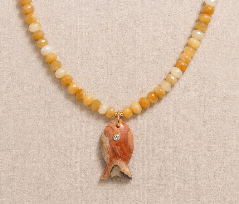Sunstone fish pendant necklace with yellow jade beads