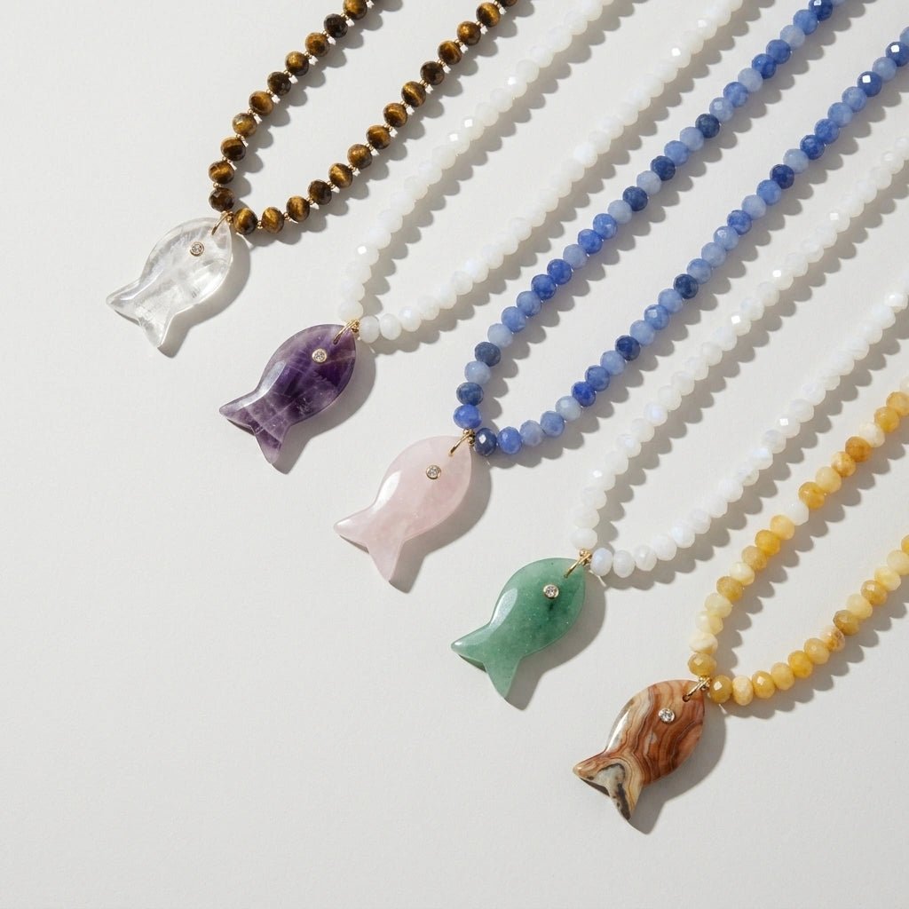 Salt & Stone Necklace – Gemstone Fish Pendant with Faceted Gemstone Beads | Handmade Texas Hill Country Jewelry - Desert Gypsy